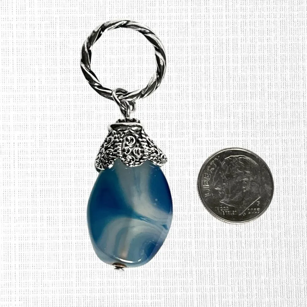 Glass Imitation Agate Stone Pendant Charm Silver Tone Blue Swirl Chunky Jewelry